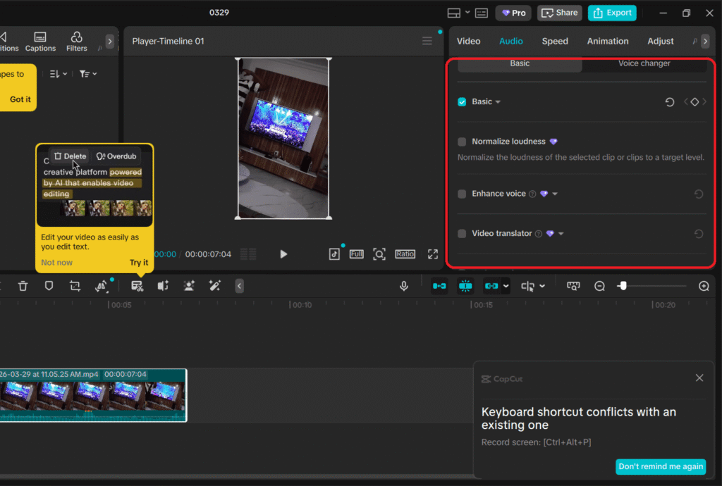 Background noise removal and reduction interface in CapCut Desktop