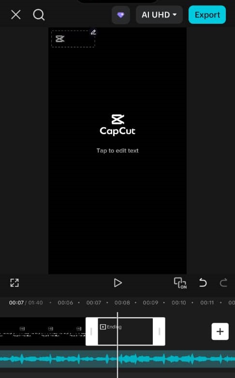CapCut timeline showing the auto-generated branded ending clip attached at the end of the video track, displaying the CapCut logo on a black background.