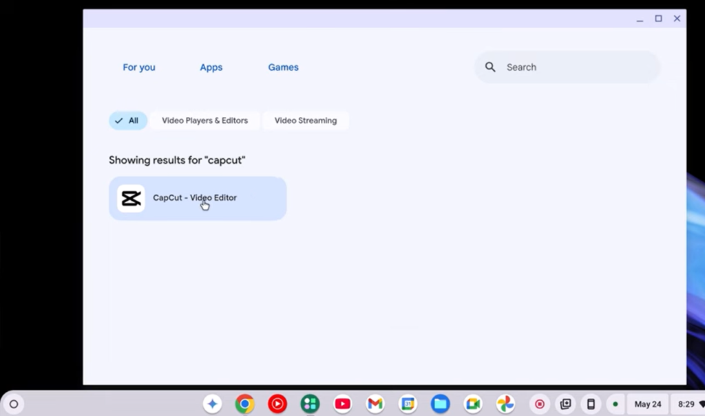 installing CapCut on Chromebook – Google Play Store search results showing CapCut - Video Editor app