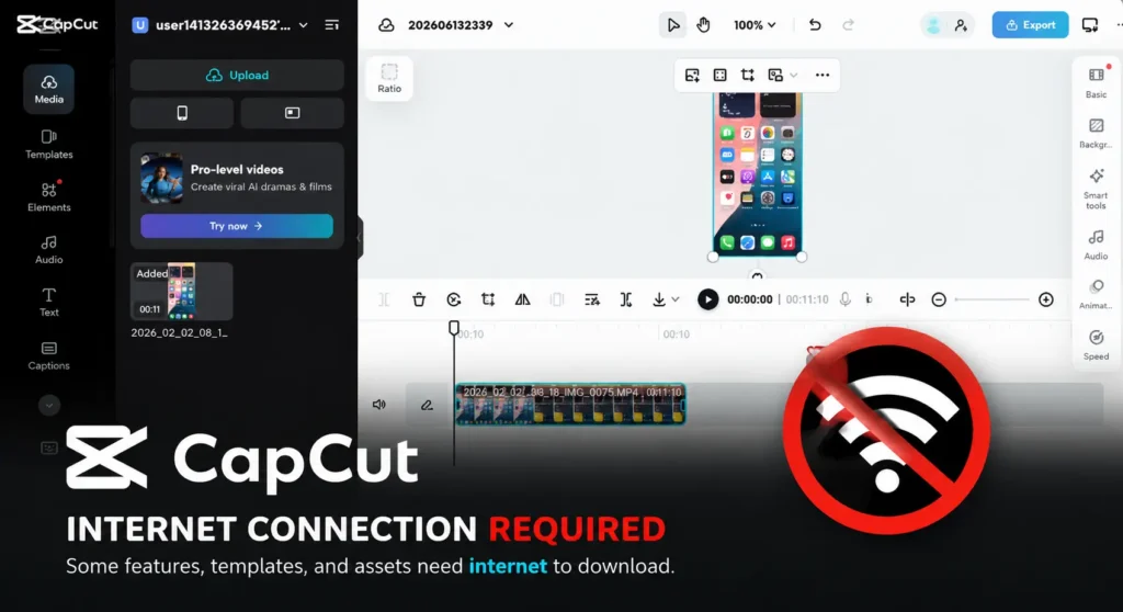 CapCut desktop editor displayed with a smartphone video project open in the timeline, overlaid with a large crossed-out Wi-Fi symbol and text indicating that some CapCut features, templates, and assets require an internet connection.