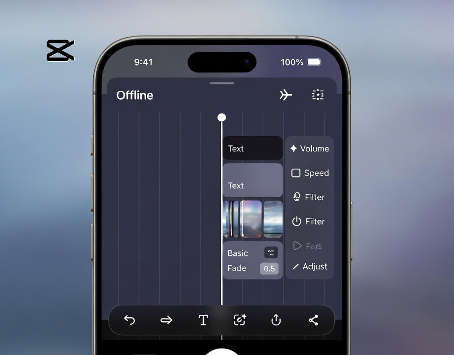 Smartphone screen displaying CapCut video editing app in offline mode with dark interface, active timeline, clips, text overlays, and effects; airplane mode icon visible, no Wi-Fi signal, soft blue-purple gradient background