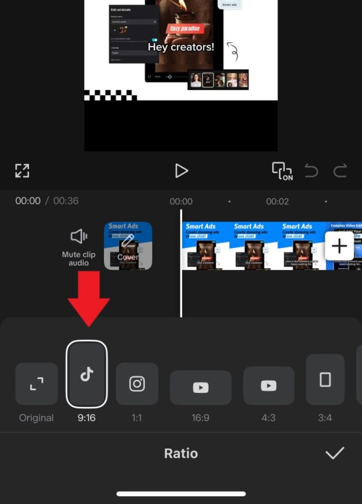 Use CapCut for TikTok by setting your project to 9:16 vertical format