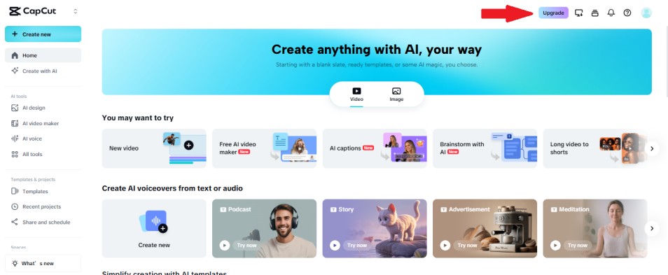 Arrow pointing to the CapCut Pro upgrade button in the CapCut app