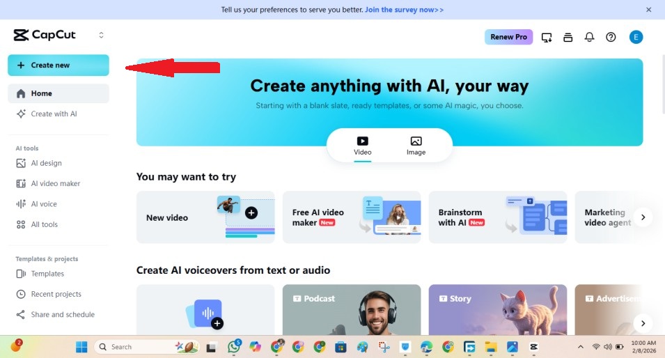 Starting a new project on CapCut desktop