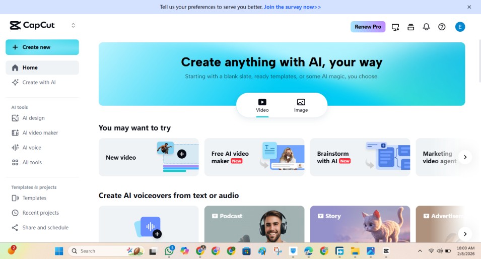CapCut desktop app home screen showing the New Project button