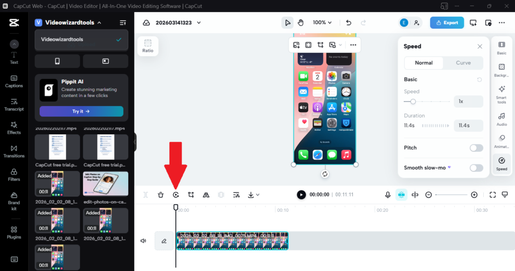 Screenshot of CapCut Desktop showing the Reverse button