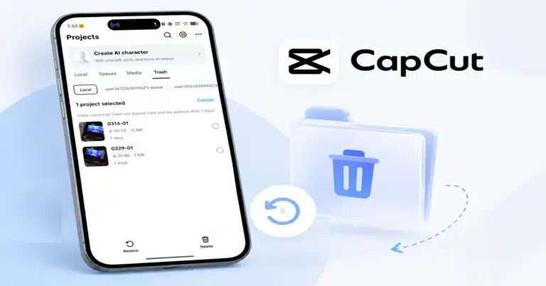 CapCut Trash screen showing deleted projects alongside a restore icon and trash folder illustration.