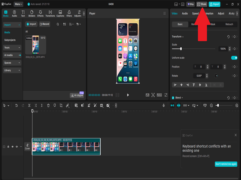 CapCut Editing Workspace with arrow pointing to the share button