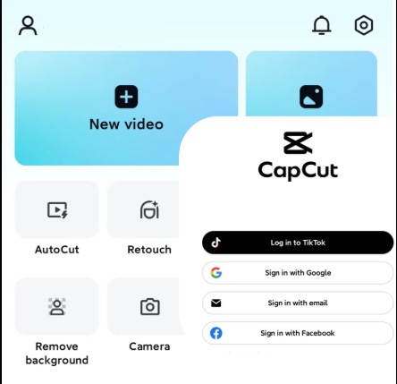 CapCut login methods screen showing options like TikTok, Google, and email