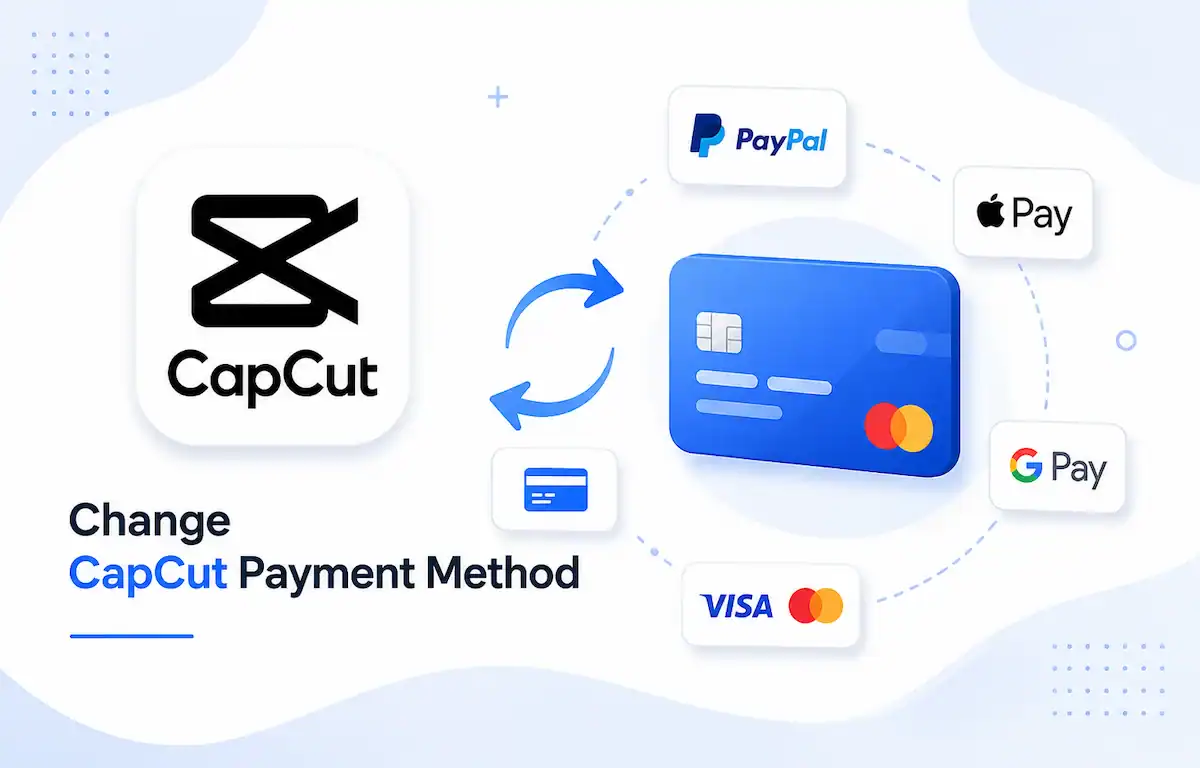 How to change CapCut payment method on iPhone, Android, desktop, and web with CapCut logo, payment card, and digital payment options.