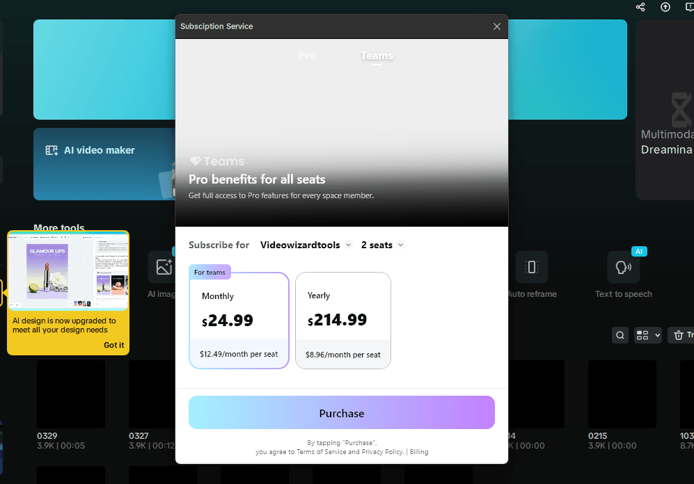 CapCut Pro For Teams pricing plans