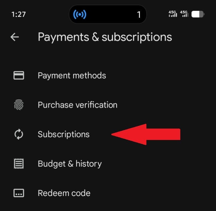 Google Play Payments and subscriptions screen showing the Subscriptions option on Android