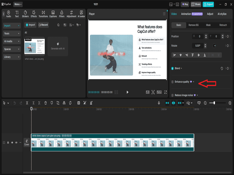 Enhance button on capcut