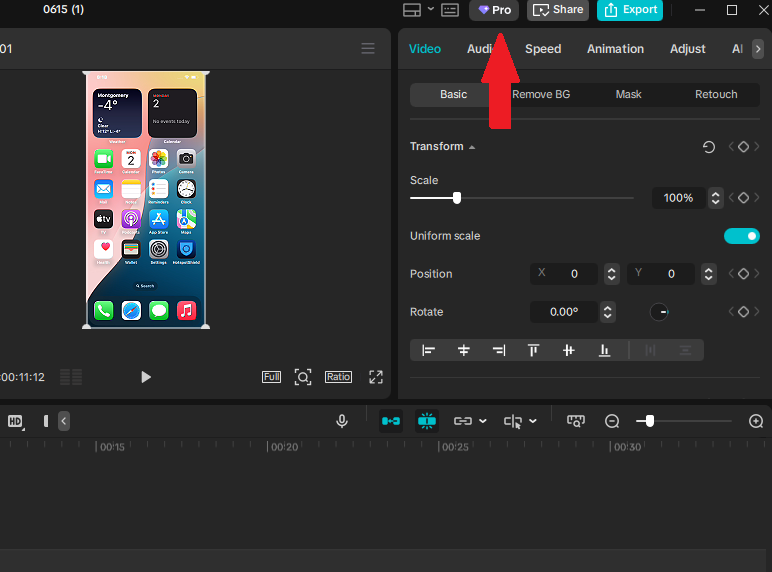 CapCut Desktop interface showing the Pro icon highlighted in the top toolbar