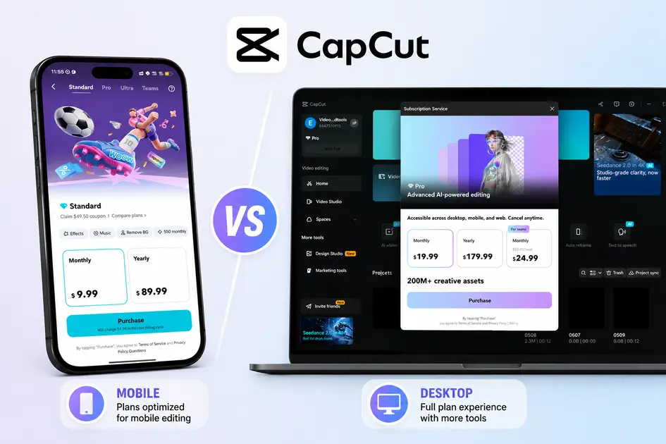 CapCut Mobile vs Desktop subscription plans showing the mobile pricing screen alongside the desktop subscription interface.