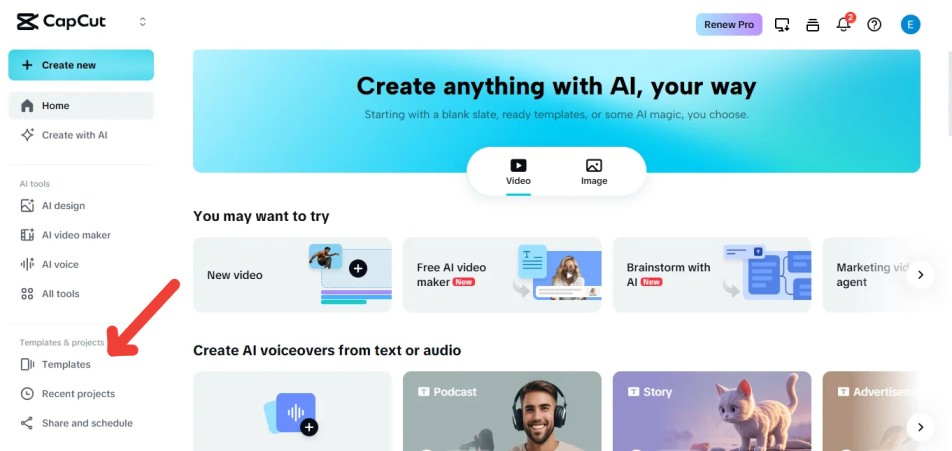 CapCut Templates Button Location on Desktop