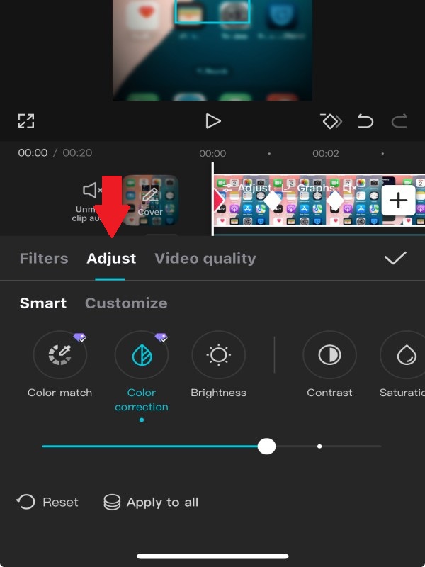 Resetting CapCut adjustments to remove template color grading