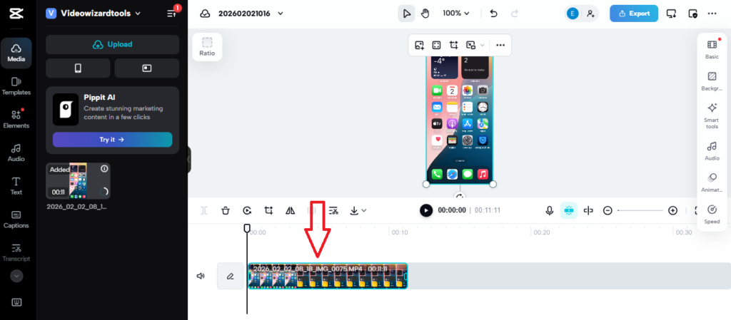 CapCut desktop timeline with a clip selected and highlighted