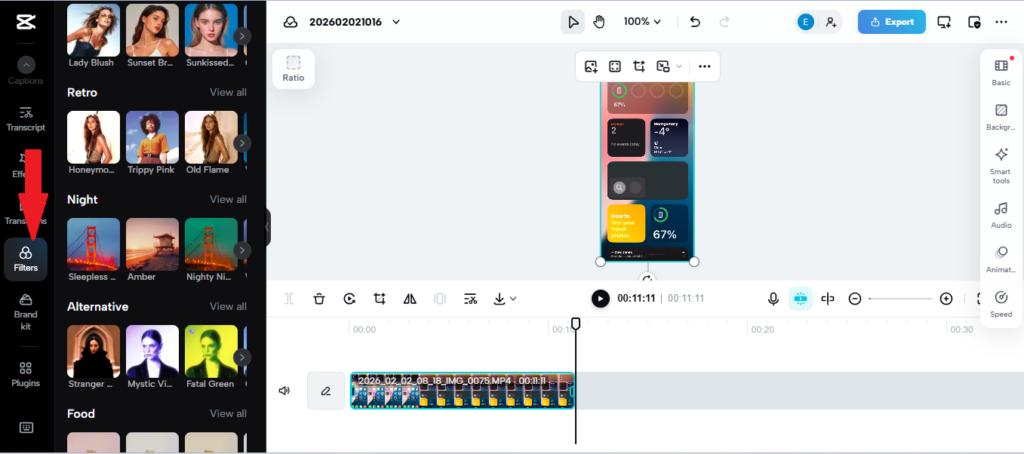 CapCut desktop filter panel set to none or original