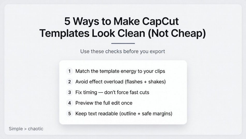 Checklist for choosing CapCut templates that look clean: match energy, avoid effect overload, check timing, preview, and keep text readable