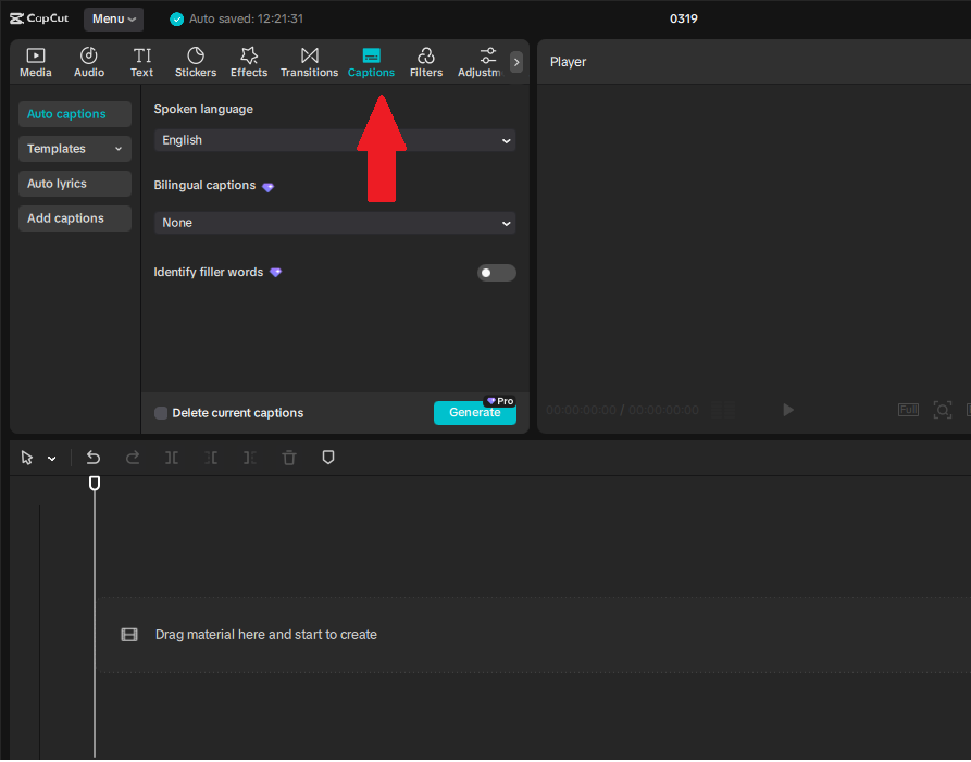 CapCut Caption menu and options