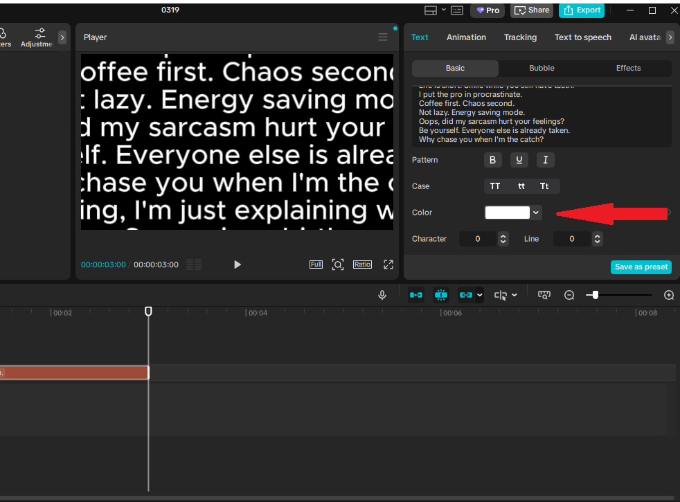 Menu used to Change Caption Colors in CapCut