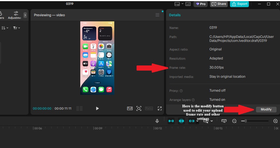 CapCut deskop screenshot showing details panel on the right highlighting project metadata