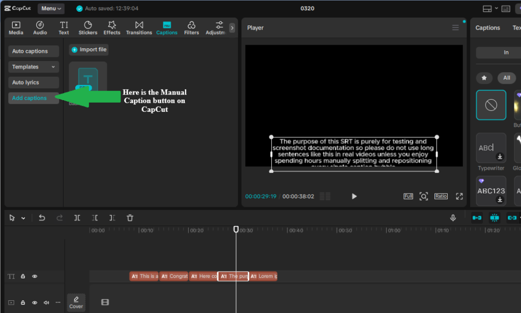 CapCut Manual Captions button on Desktop version