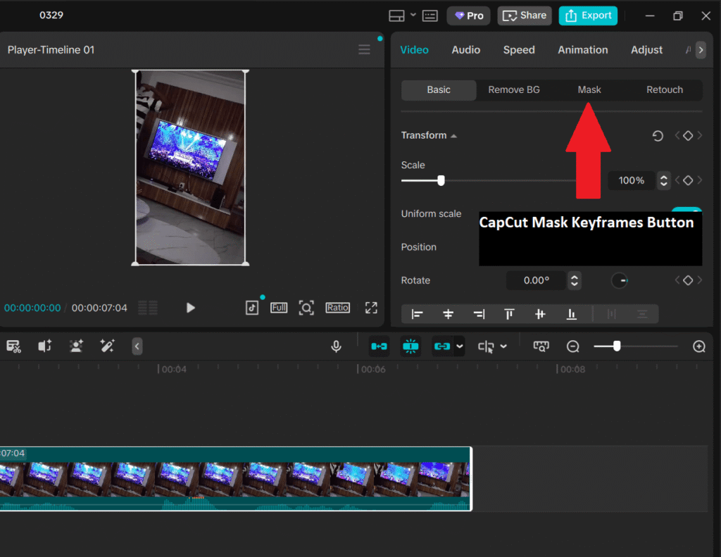 CapCut Mask Keyframes button in Desktop