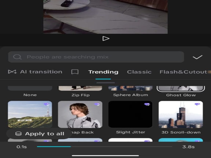 CapCut Transition Menu on CapCut mobile