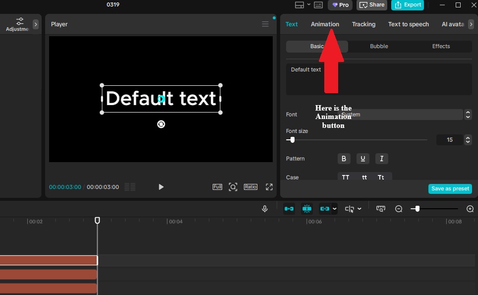 CapCut animation button on Desktop version