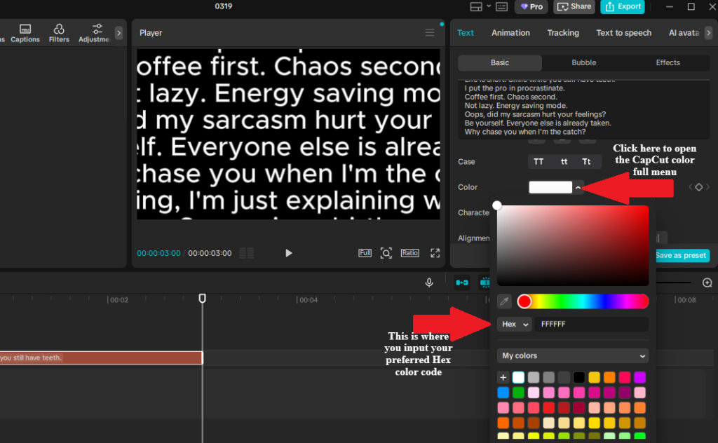 CapCut editing interface showing how to change caption color using the color menu and Hex code input field, with arrows highlighting the palette toggle and Hex field