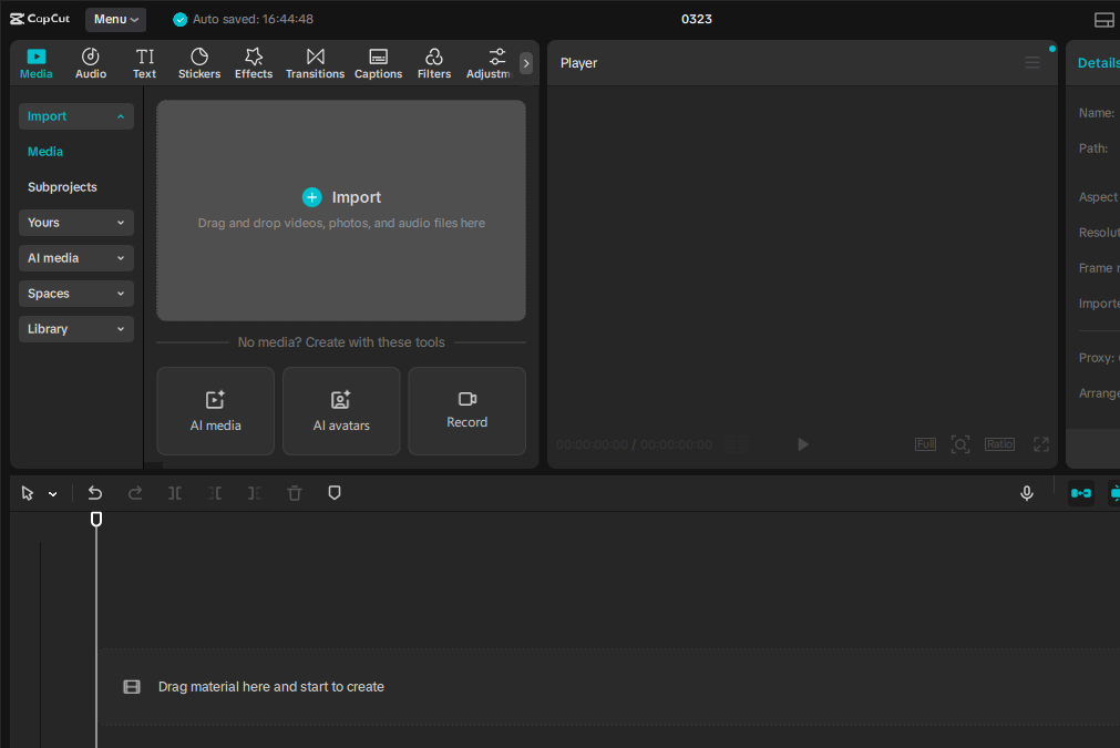 CapCut desktop import interface