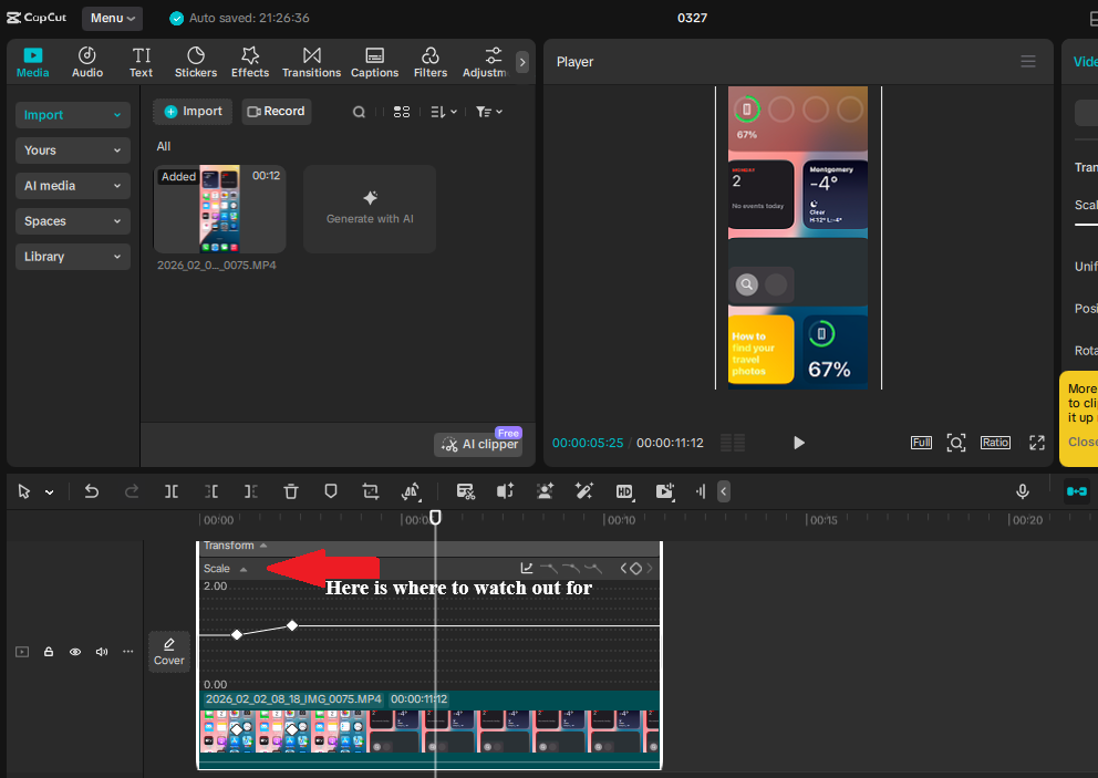 CapCut graph panel empty due to wrong property selection