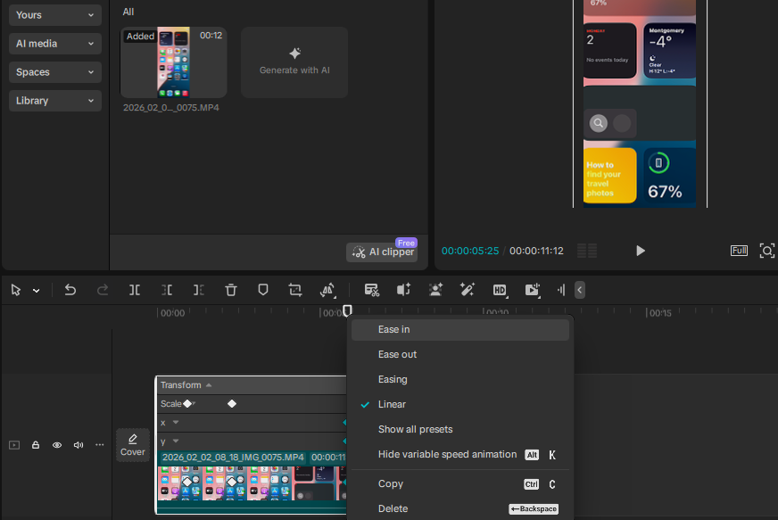 CapCut keyframe graph showing straight linear motion without curves