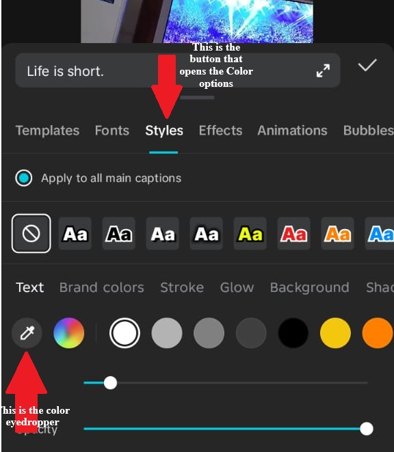 CapCut caption editing interface with the Styles tab open, showing options for text color, stroke, glow, background, and shadow. A red arrow highlights the button to access color customization settings.