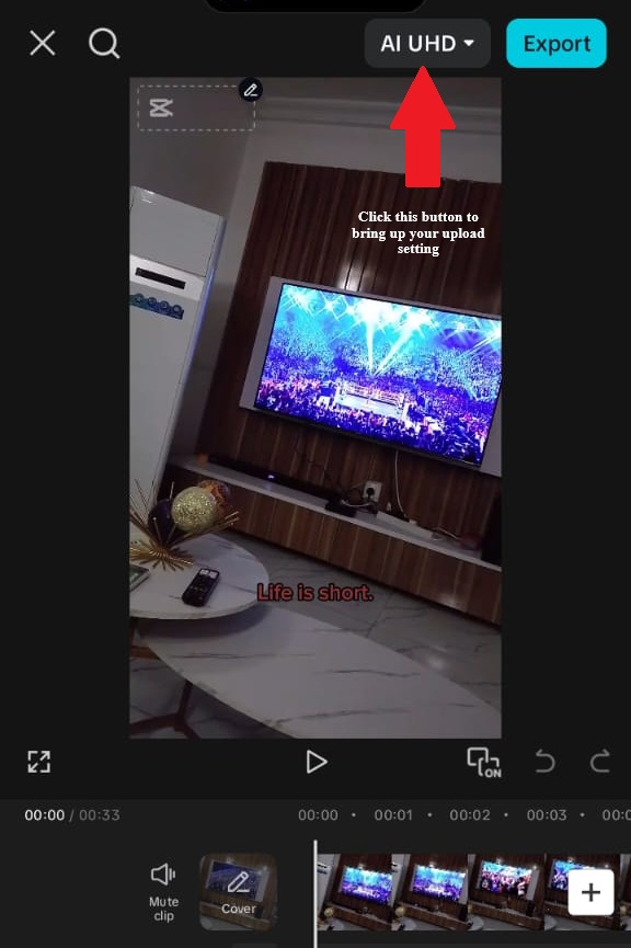 CapCut mobile upload setings button