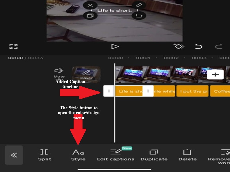 CapCut mobile video editing interface showing caption timeline and style options