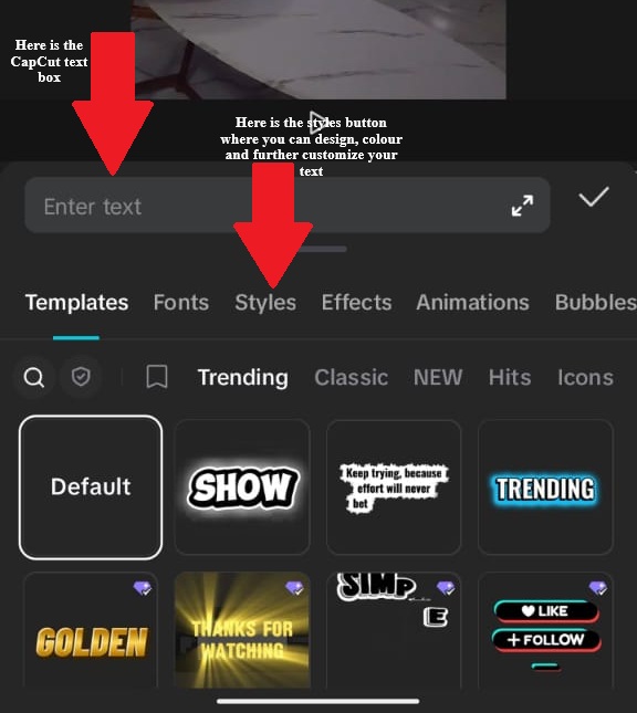 CapCut text button where you can type in.