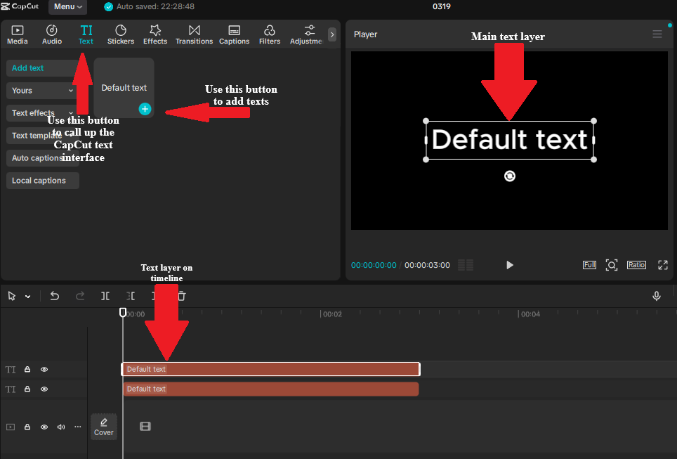Screenshot of CapCut desktop editor showing the text editing interface