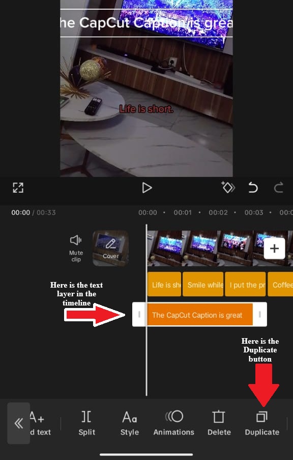 Capcut text timeline and duplicate button on mobile version
