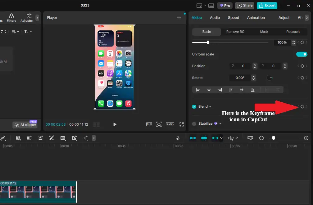 Here is the location of the Keyframe icon in CapCut Desktop version