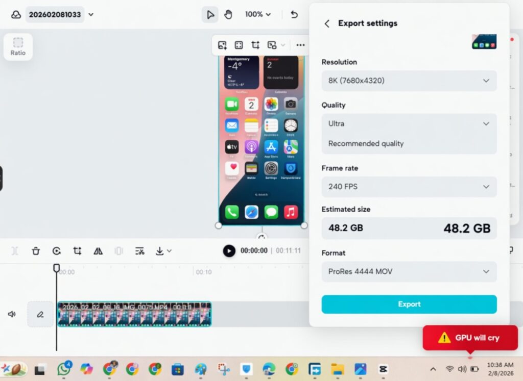 CapCut export settings screen with ridiculously high settings: 8K resolution, Ultra quality, 240 FPS, ProRes 4444 MOV format, and 48.2 GB estimated file size for a short video clip