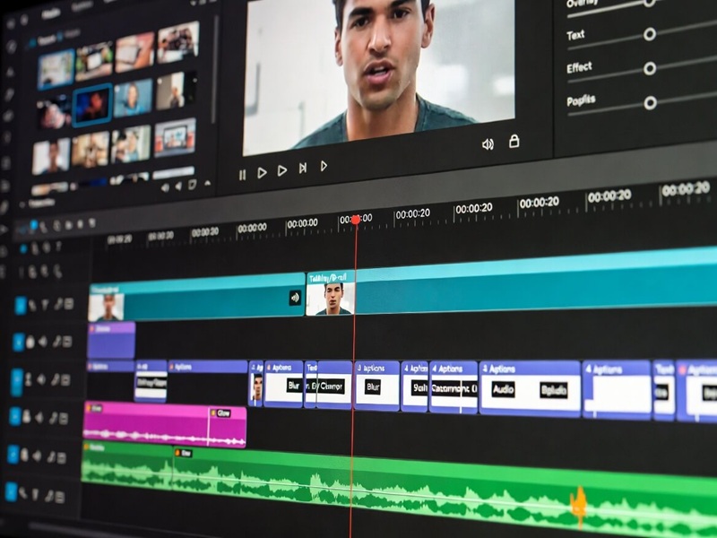 Heavy CapCut timeline with effects, captions, and overlays