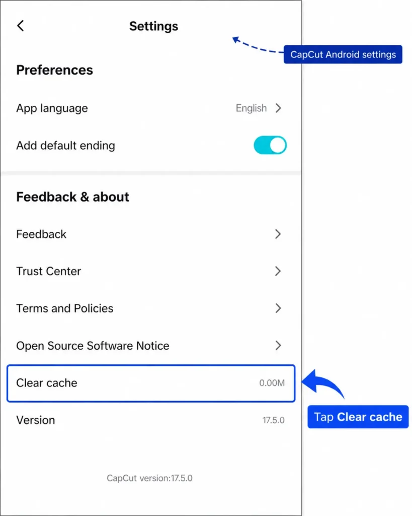 CapCut Android settings screen with the Clear cache option highlighted and an arrow showing where to tap.