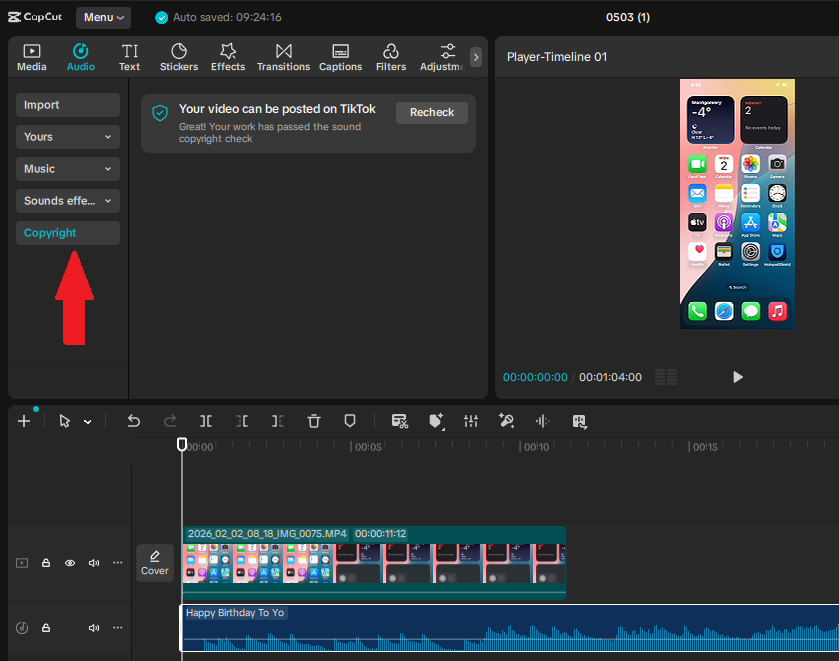 CapCut copyright check showing that a video can be posted on TikTok
