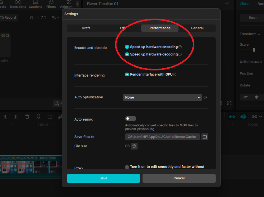 CapCut Desktop Settings window showing the Performance tab with hardware encoding and decoding options visible