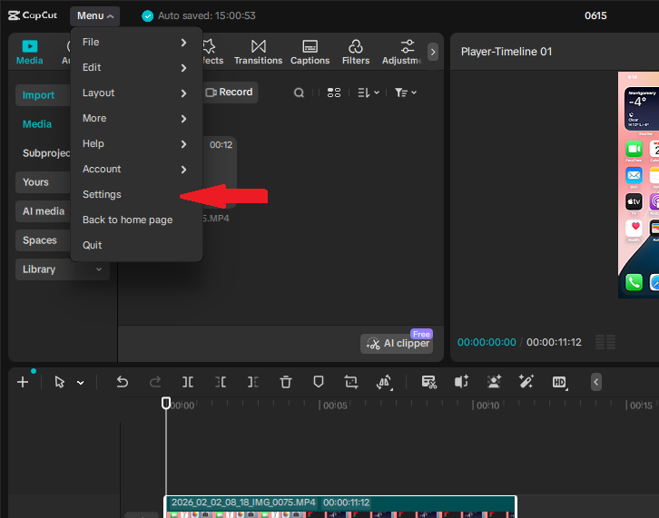 CapCut Desktop showing the Menu dropdown with the Settings option highlighted