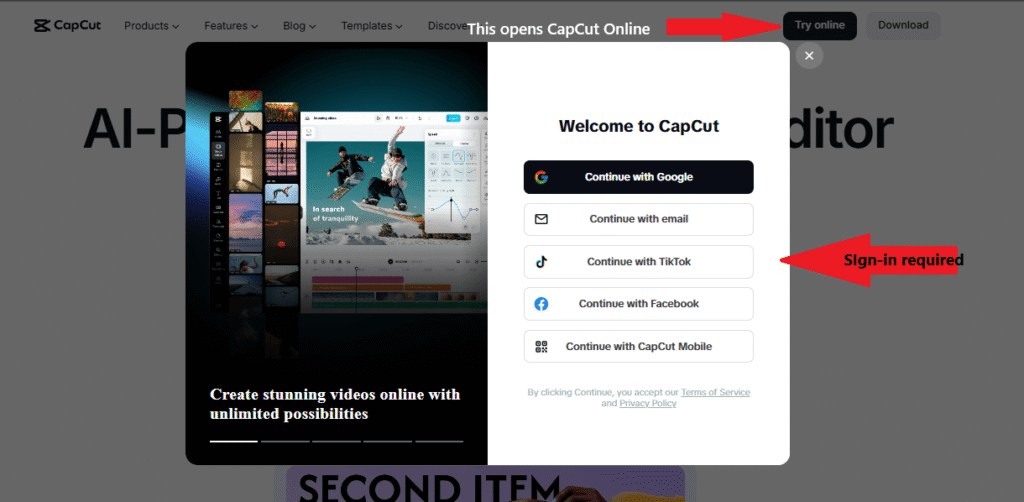CapCut Online login screen showing sign-in options after clicking Try Online, indicating that an account is required before using the web editor.