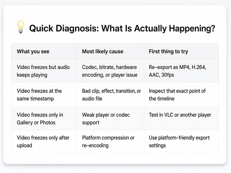 Quick diagnosis table showing why a CapCut video freezes after export, including audio continuing, same timestamp freezes, app playback issues, and upload problems.